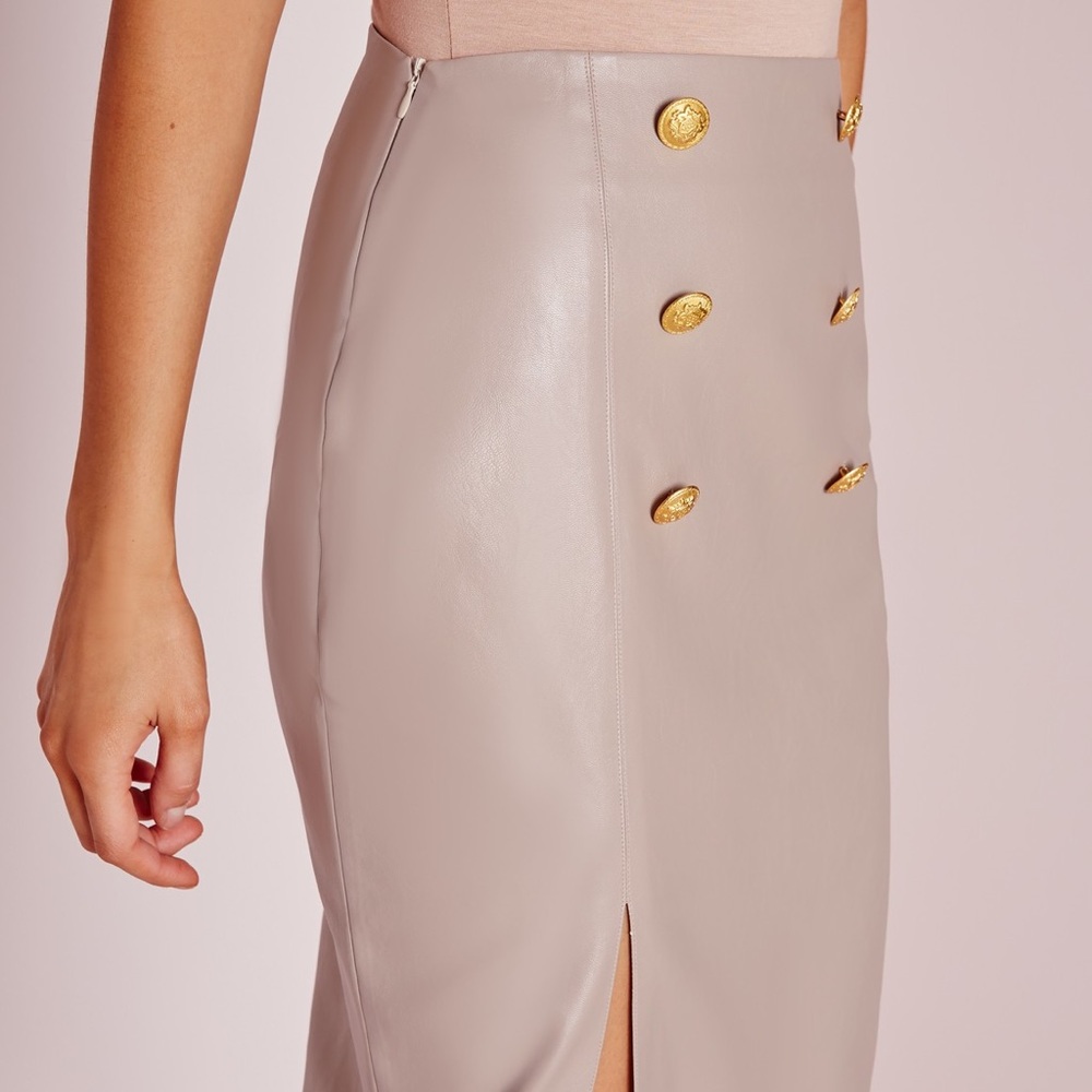 gold button split faux leather midi skirt grey